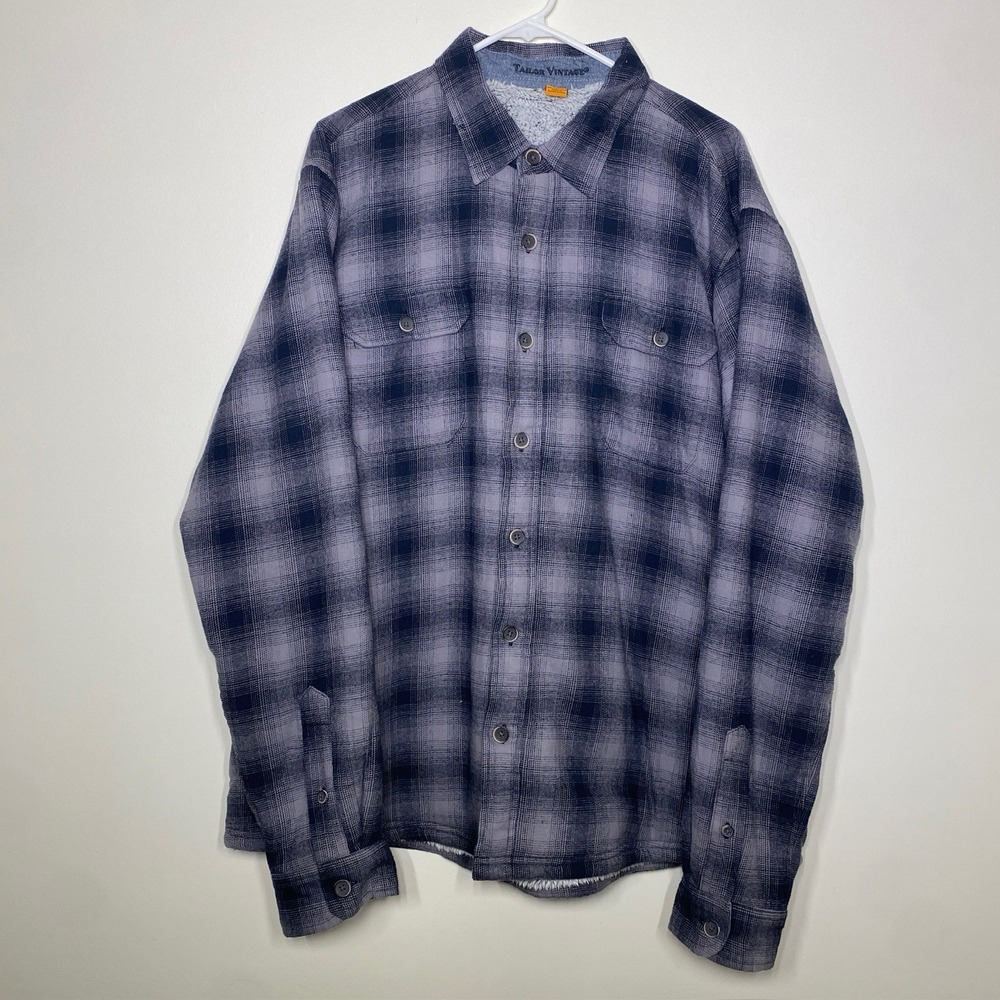 Tailor Vintage‎ Shacket Flannel Shirt Jacket Mens XXL Gray Plaid Sherpa Lined
